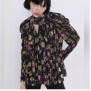 BNWOT Zara floral long sleeve blouse bow neck metallic thread romantic top